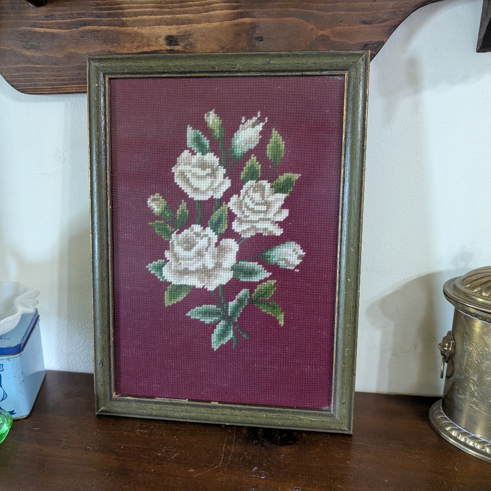 Floral Needlepoint Art Vintage Wood Frame White Rose Cottagecore Farmhouse Cream